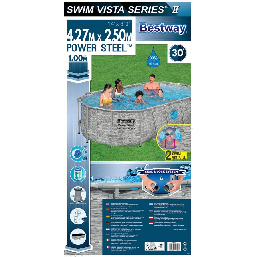 Bestway Power Steel Πισίνα PVC με Μεταλλικό Σκελετό 427x250x100εκ. Πισίνες σε σχήμα Οβάλ