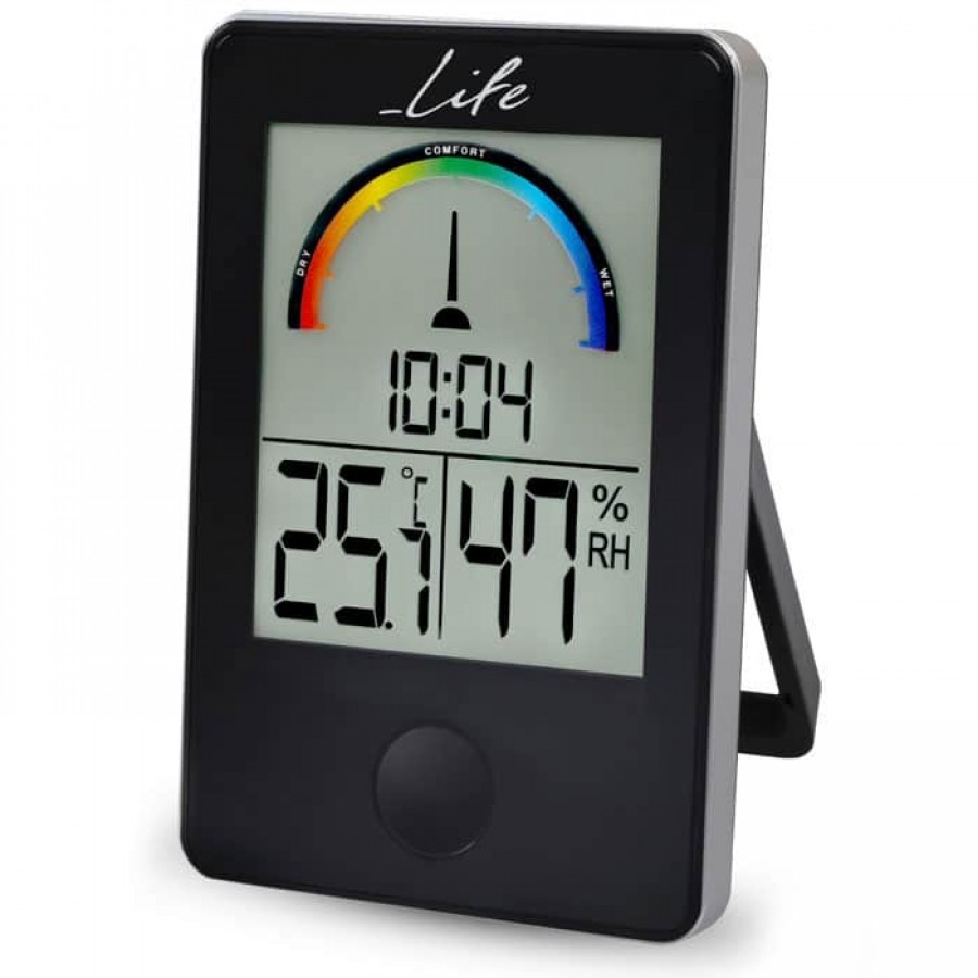 Ψηφιακό θερμόμετρο / υγρόμετρο εσωτερικού χώρου με ρολόι και έγχρωμη απεικόνιση επιπέδου υγρασίας, σε μαύρο χρώμα LIFE iTemp Black 221-0005