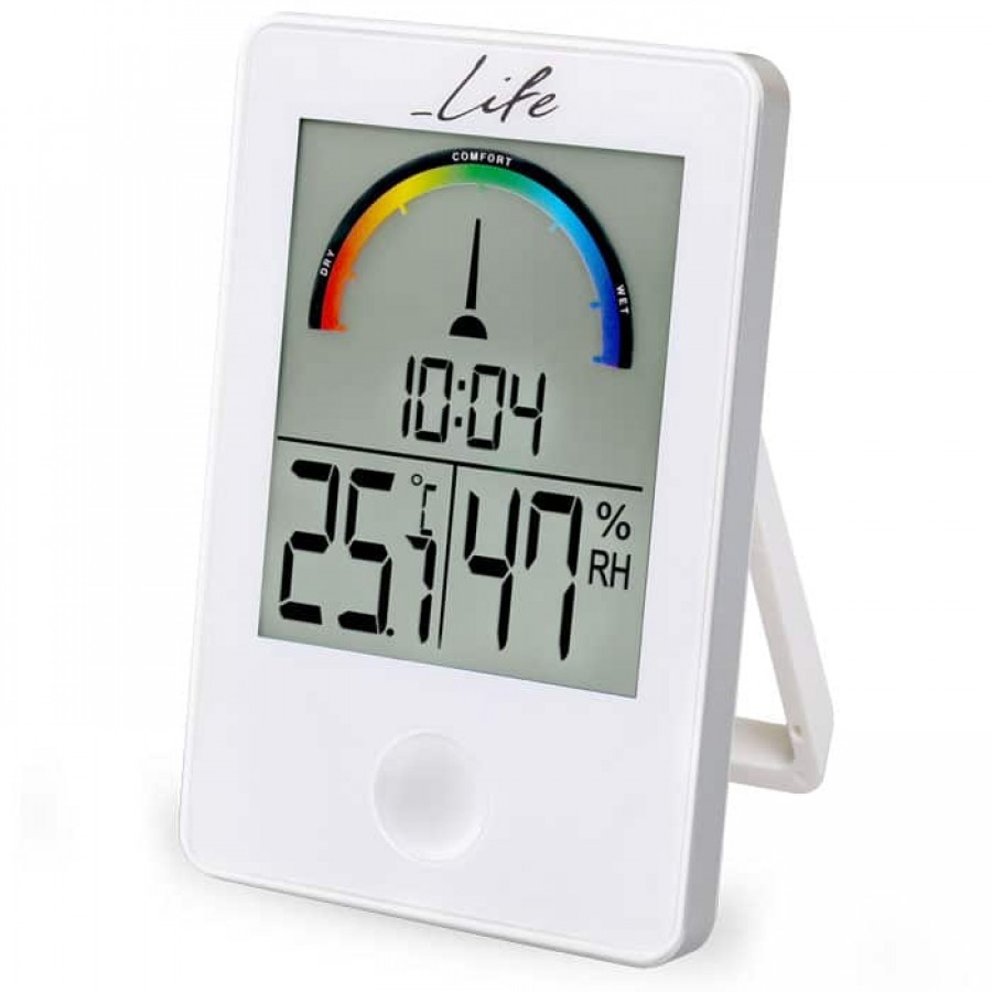Ψηφιακό θερμόμετρο / υγρόμετρο εσωτερικού χώρου με ρολόι και έγχρωμη απεικόνιση επιπέδου υγρασίας, σε λευκό χρώμα LIFE iTEMP White 221-0006