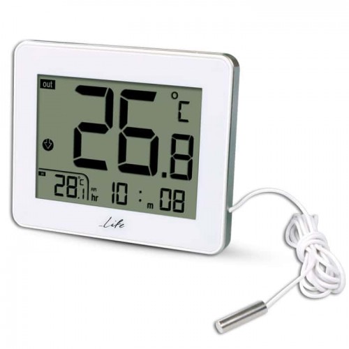 Ψηφιακό θερμόμετρο εσωτερικής και εξωτερικής θερμοκρασίας, με ενσύρματο εξωτερικό αισθητήρα και ρολόι, σε λευκό χρώμα LIFE CORDY 221-0010