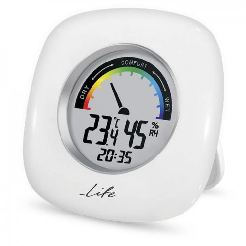 Ψηφιακό θερμόμετρο / υγρόμετρο εσωτερικού χώρου με ρολόι και έγχρωμη απεικόνιση επιπέδου υγρασίας, σε λευκό χρώμα LIFE iROUND 221-0024