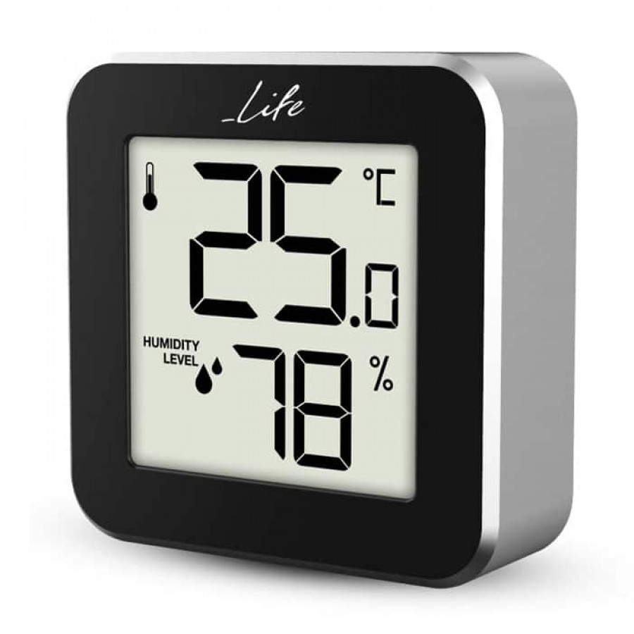 Ψηφιακό θερμόμετρο και υγρόμετρο εσωτερικού χώρου, σε μαύρο χρώμα με πλαίσιο αλουμινίου LIFE Alu Mini 221-0118