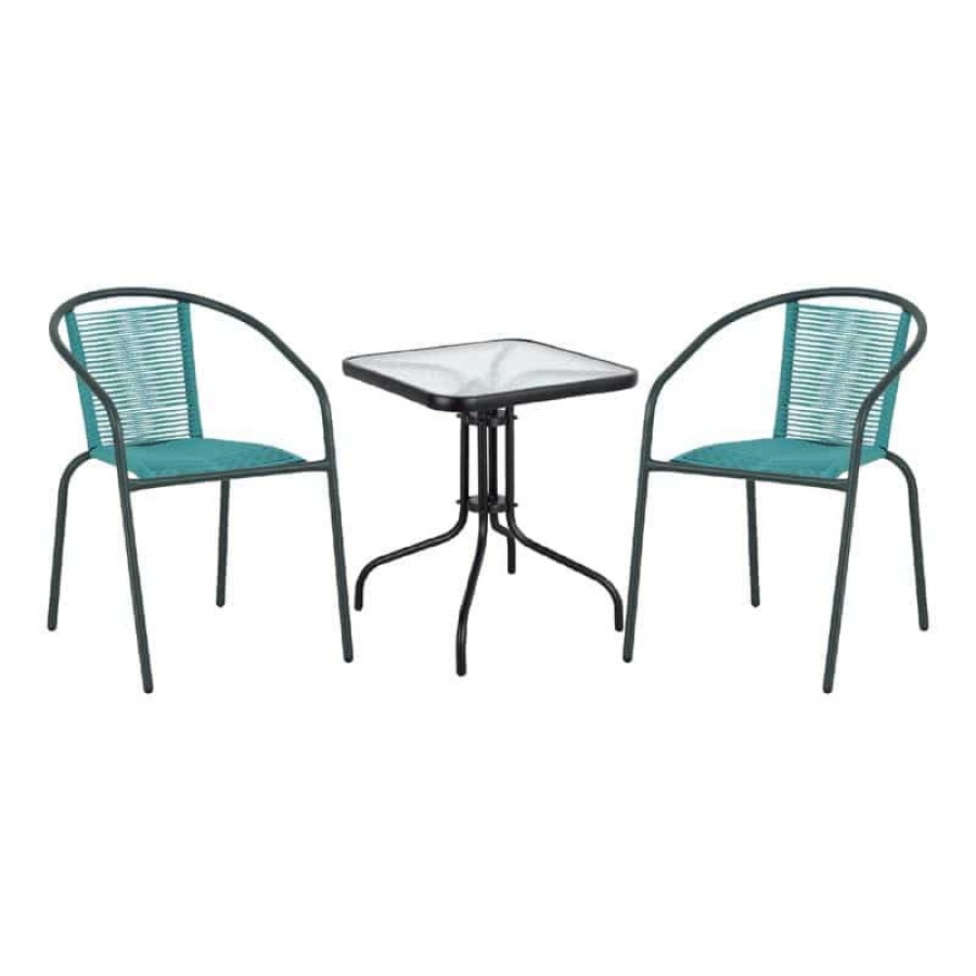BALENO - FUNKY Set Βεράντας - Κήπου: Τραπέζι + 2 Πολυθρόνες PE Μπλε, Μέταλλο Μαύρο Table:70x70x70 Chair:53x65x76 Woodwell Ε242,8S Set Καθιστικά - Τραπεζαρίες