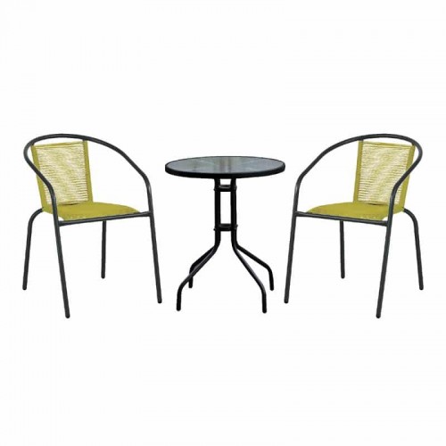 BALENO - FUNKY Set Βεράντας - Κήπου: Τραπέζι + 2 Πολυθρόνες PE Κίτρινο, Μέταλλο Μαύρο Table:Φ60x70 Chair:53x65x76cm Woodwell Ε242,7S