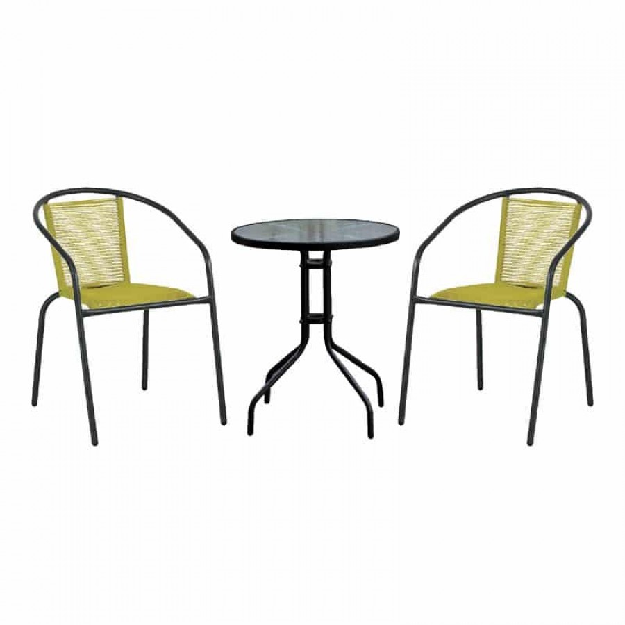 BALENO - FUNKY Set Βεράντας - Κήπου: Τραπέζι + 2 Πολυθρόνες PE Κίτρινο, Μέταλλο Μαύρο Table:Φ60x70 Chair:53x65x76cm Woodwell Ε242,7S Set Καθιστικά - Τραπεζαρίες