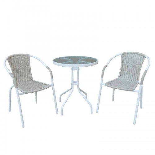 BALENO Set Κήπου - Βεράντας: Τραπέζι + 2 Πολυθρόνες Μέταλλο Άσπρο - Wicker Beige Τραπ:Φ60x70cm - Πολ:53x58x77cm Woodwell Ε240,8