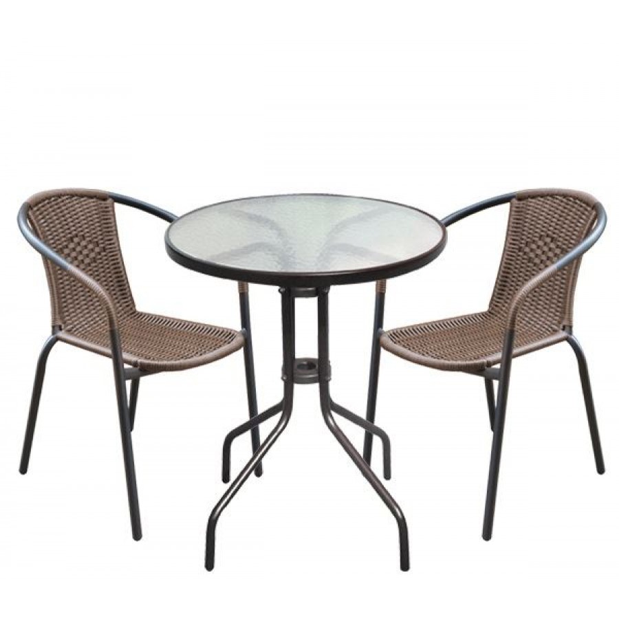BALENO Set Κήπου - Βεράντας: Τραπέζι + 2 Πολυθρόνες Μέταλλο Καφέ - Wicker Brown Table:Φ60x70 Chair:53x58x77cm Woodwell Ε240 Set Καθιστικά - Τραπεζαρίες