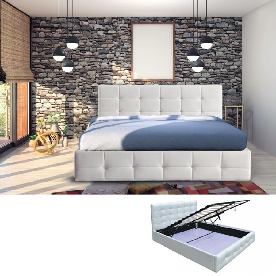 FIDEL Κρεβάτι Διπλό με Αποθηκευτικό Χώρο, για Στρώμα 160x200cm, PU Άσπρο 168x215x107cm Woodwell Ε8053Α,1 Κρεβάτια