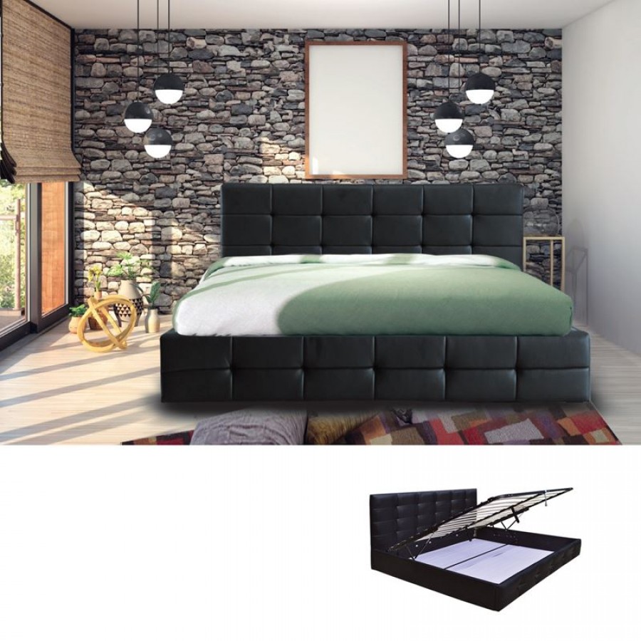 FIDEL Κρεβάτι Διπλό με Αποθηκευτικό Χώρο, για Στρώμα 160x200cm, PU Μαύρο 168x215x107cm Woodwell Ε8053Α Κρεβάτια