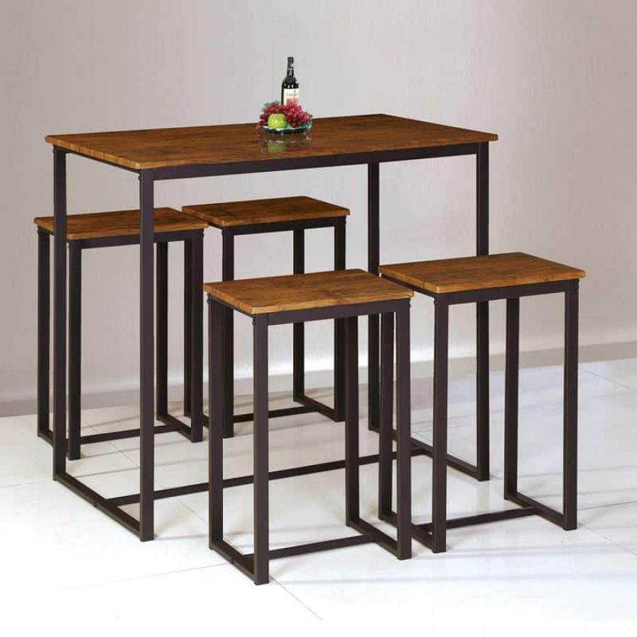 HENRY Set Bar Τραπέζι + 4 Σκαμπώ, Μέταλλο Βαφή Σκούρο Καφέ - Καρυδί Τρ.100x60X86+Σκ.40x30x60cm Woodwell ΕΜ9795 BAR Τραπέζια & Σκαμπώ