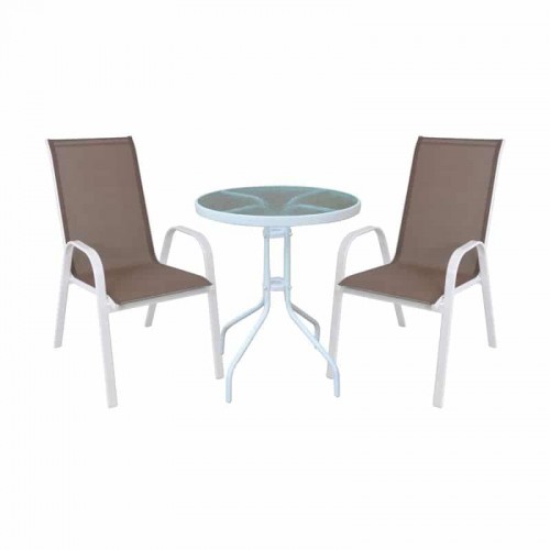 RIO Set Κήπου - Βεράντας: Τραπέζι + 2 Πολυθρόνες Μέταλλο Άσπρο, Textilene Cappuccino Table:Φ60x70 Armchair:55x75x95 Woodwell Ε270,2S
