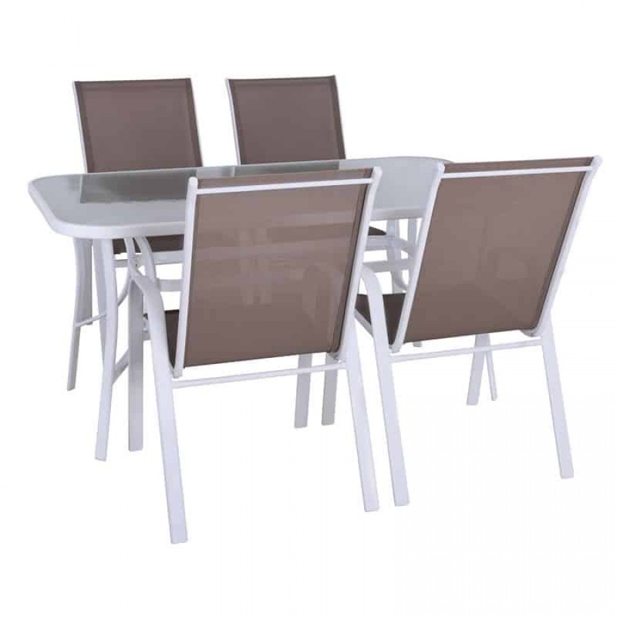 RIO Set Τραπεζαρία Κήπου Steel Άσπρο-Textilene Cappuccino : Τραπέζι + 4 Πολυθρόνες Table:120x70x71 Armch:55x75x95 Woodwell Ε250,4 Set Καθιστικά - Τραπεζαρίες