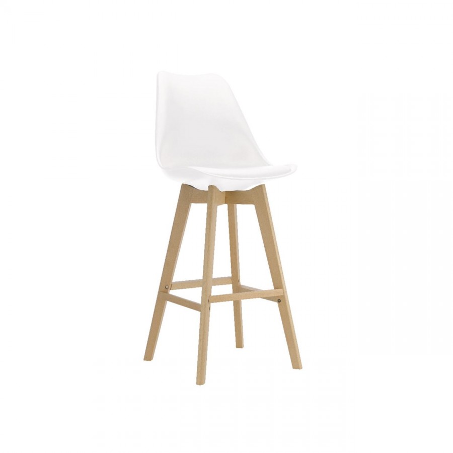 MARTIN Σκαμπό BAR Οξιά Φυσικό, Κάθισμα Η.67cm, PP-Pu Άσπρο, Μονταρισμένη Ταπετσαρία