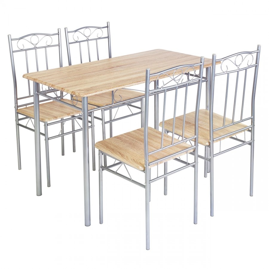 LUTON Set Τραπεζαρία Σαλονιού Κουζίνας: Τραπέζι + 4 Καρέκλες Μέταλλο Βαφή Silver, Sonoma