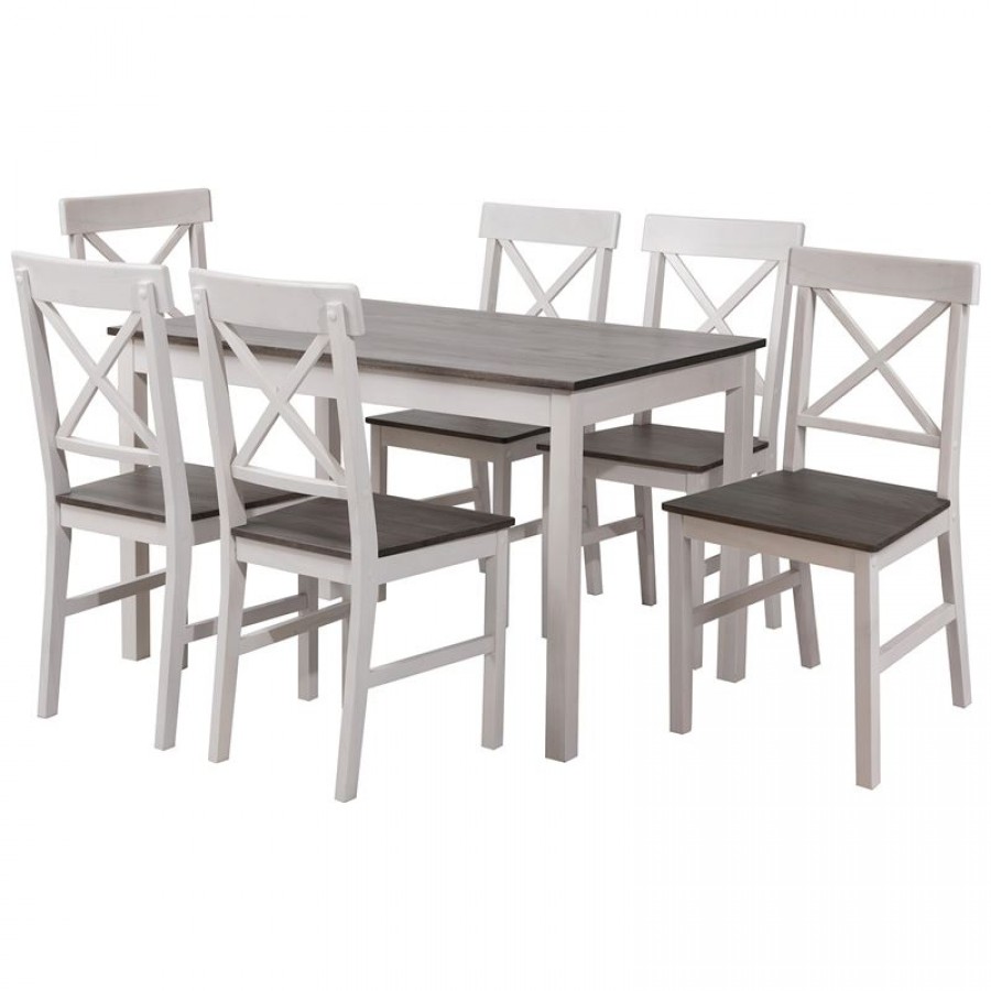DAILY Set Τραπεζαρία Ξύλινη Σαλονιού - Κουζίνας: Τραπέζι + 6 Καρέκλες / Άσπρο - Dark Oak